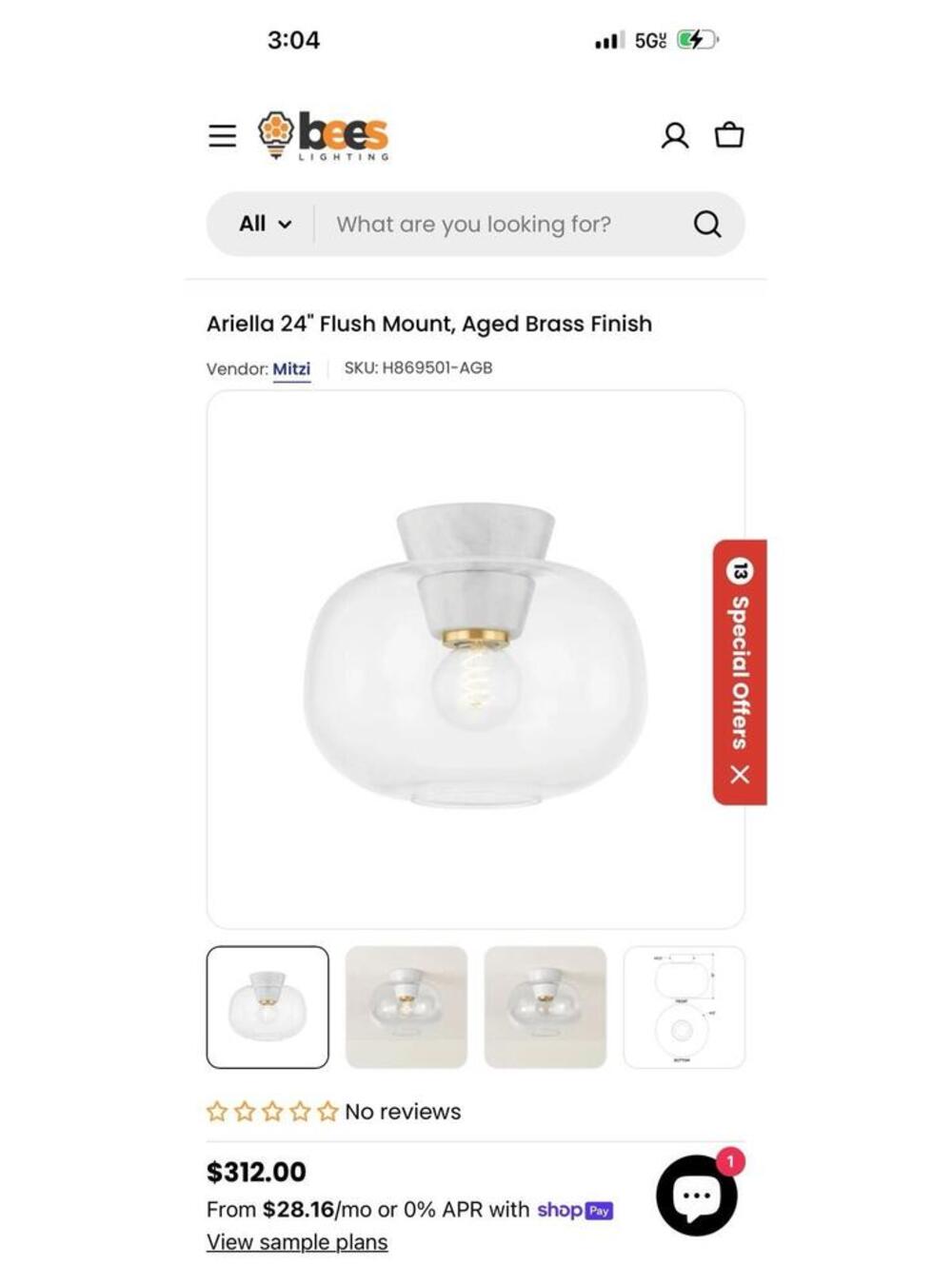 Mitzi Ariella Marble Wall Sconce Aged Brass Base Only H869501 Missing Glass